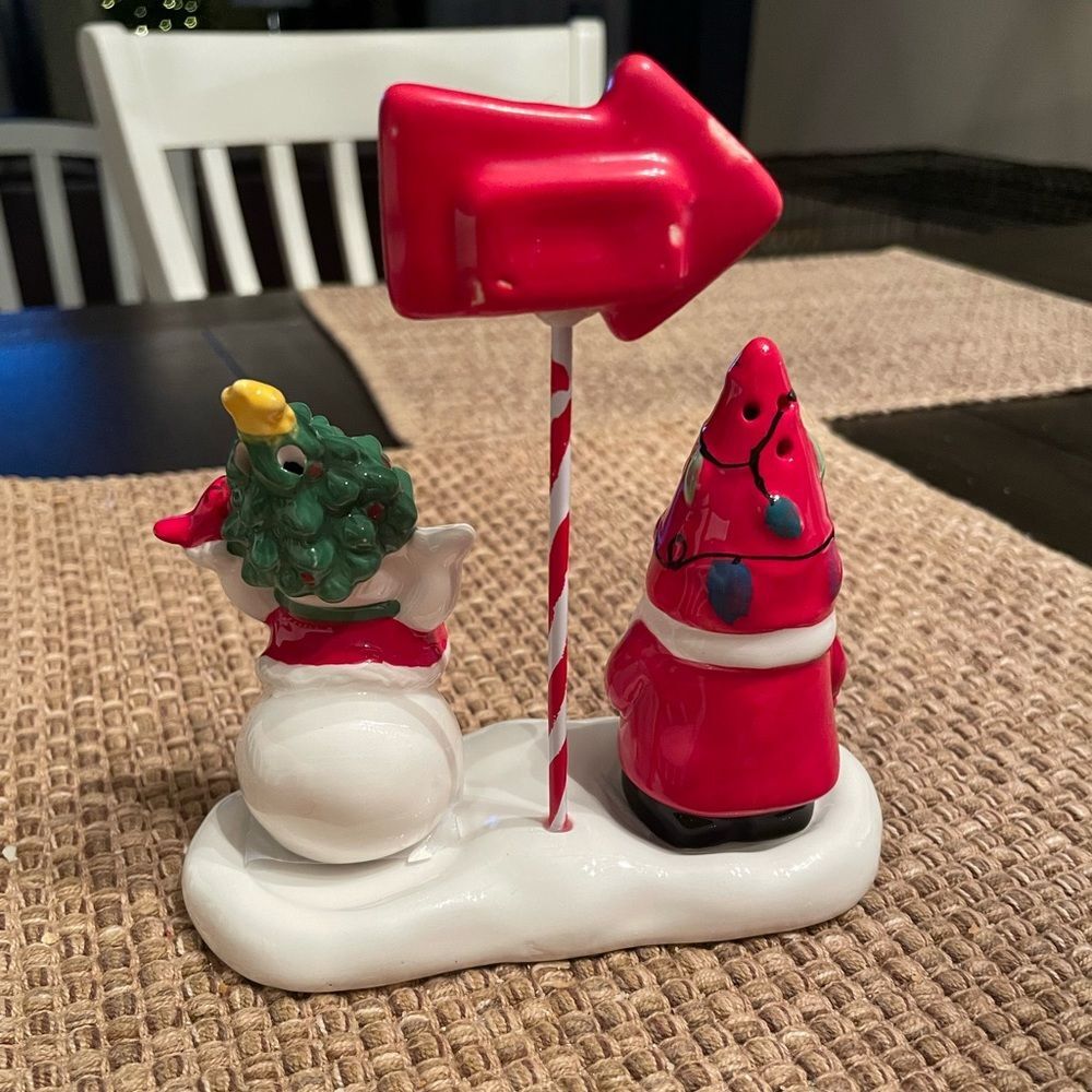 Midwest Gift Santa and Snowman Salt and Pepper Shakers on Gnome Crossing Stand - Picture 2 of 6